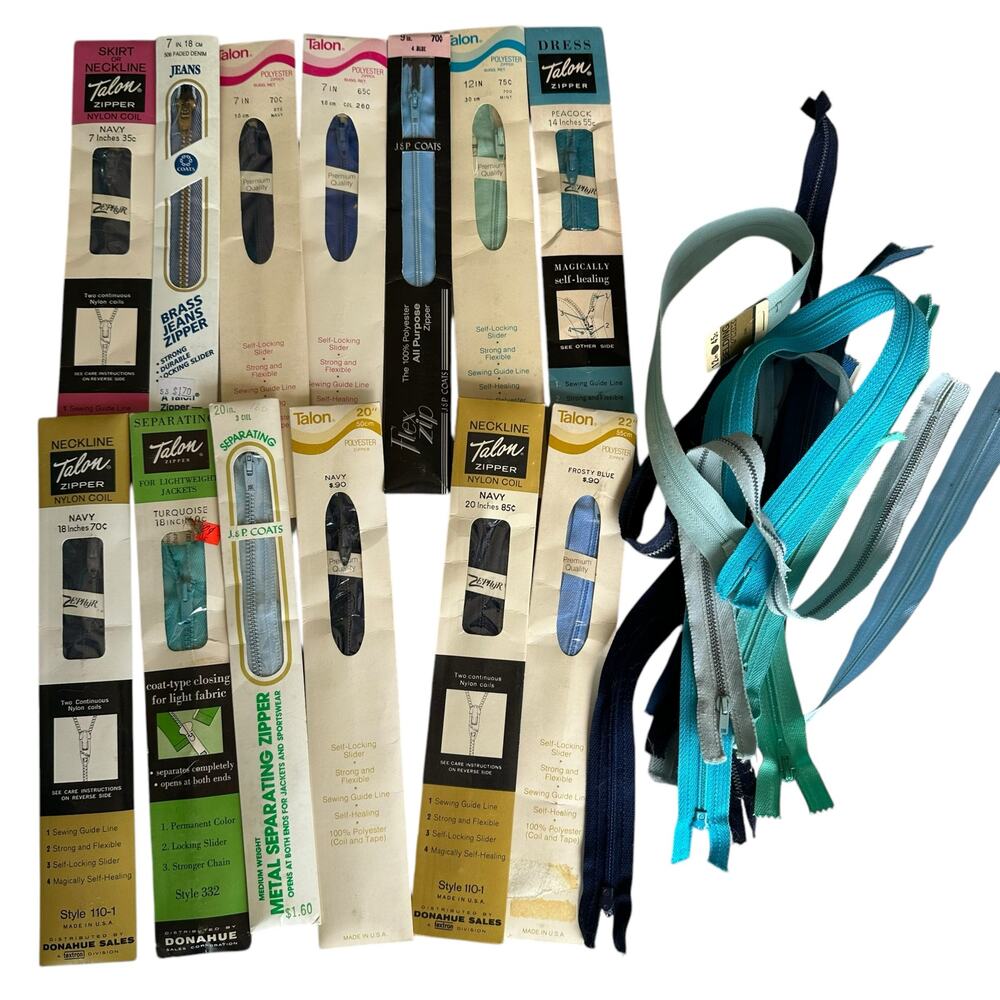 Vintage Blue Zippers LOT of 21 Various Styles & Sizes Arts Crafts Sew Seamstress